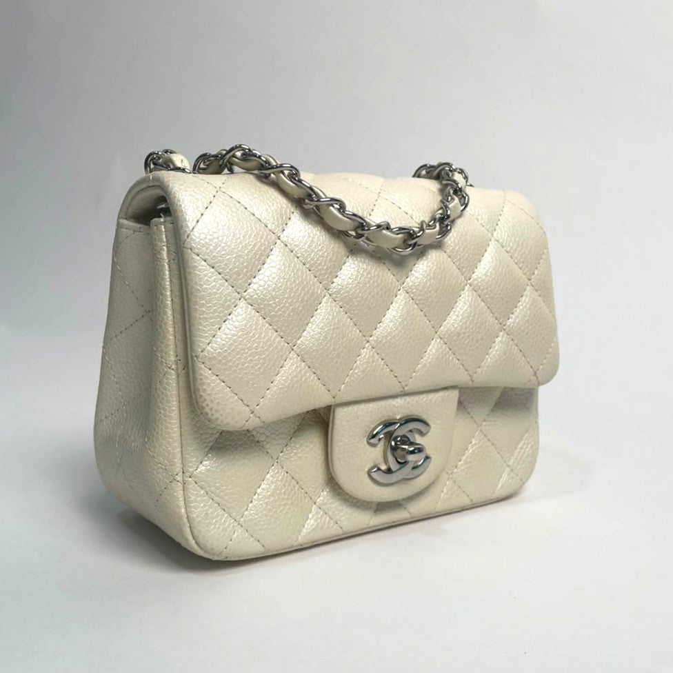Chanel Timeless Mini Single Flap Pearlescent Caviar Leather Ivory Bag