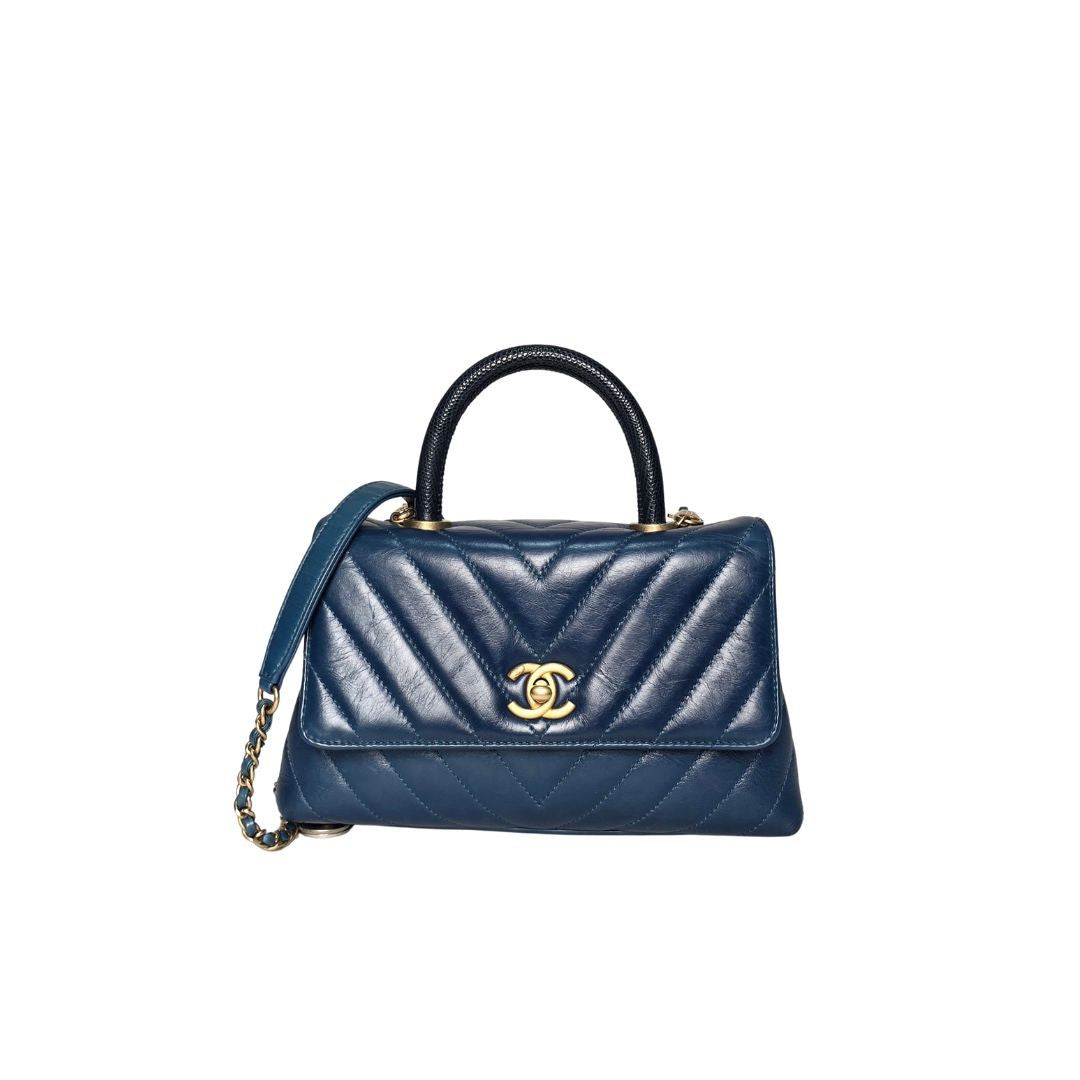 Chanel Coco Handle Calfskin Lizard Handle Flap Blue Bag