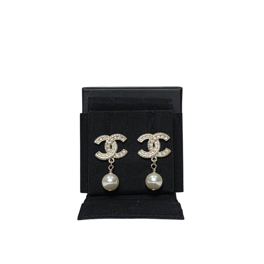 Chanel White CC Crystal Pearl Drop Earrings