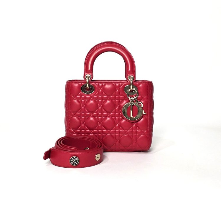 Lady Dior My ABCDior Cannage Small Red Bag with Customized Pin Charm on Strap