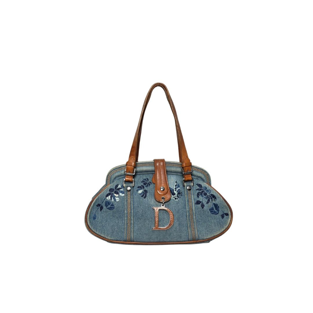 Dior Blue Denim Floral Frame Satchel Flap Bag