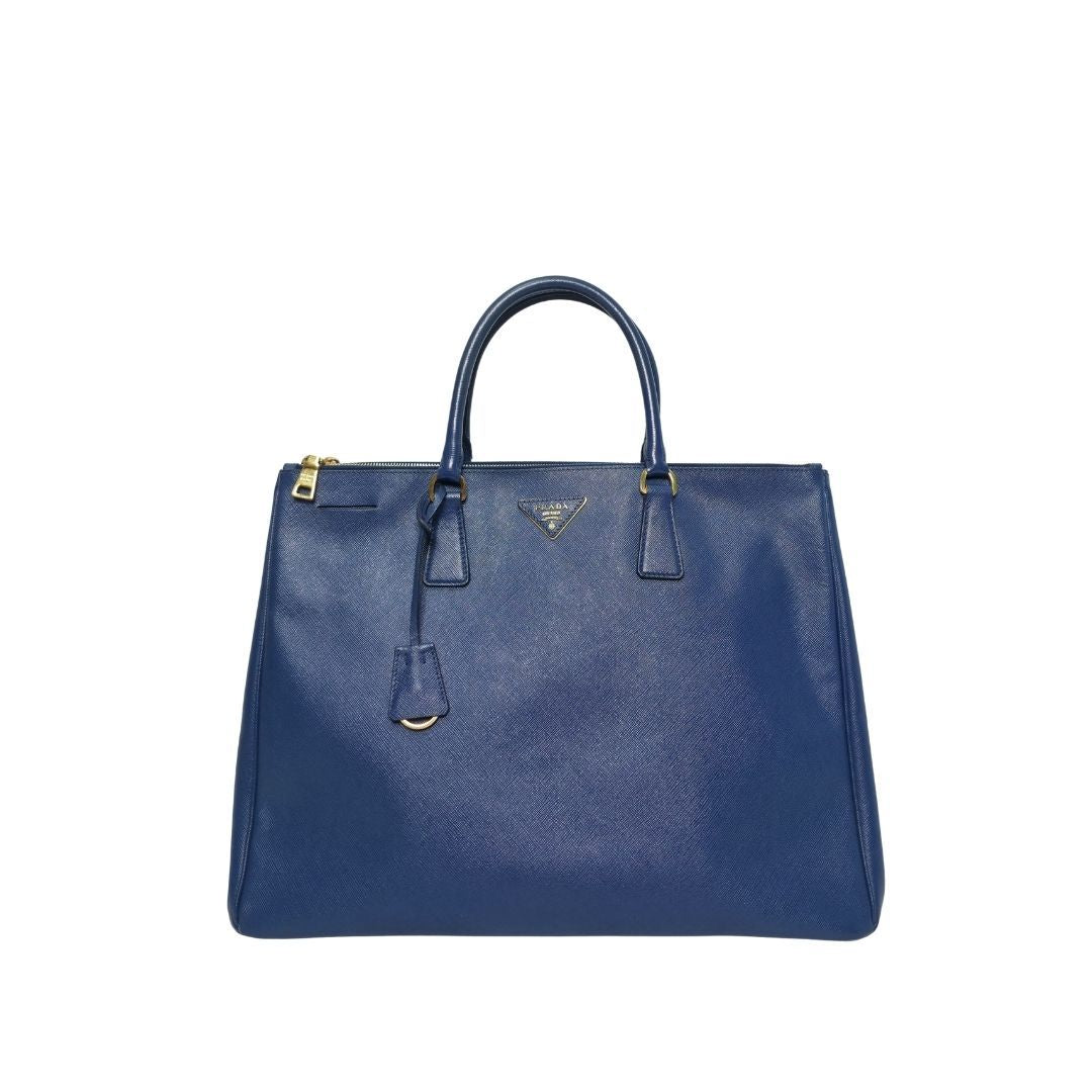 Prada Galleria Double Zip Executive Navy Blue Leather Tote
