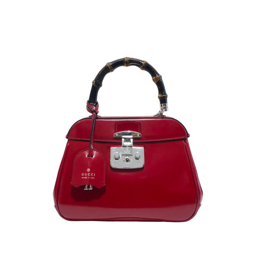 Gucci Lady Lock Bamboo Top Red Patent Leather Handle Bag