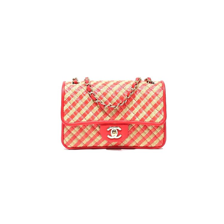 Chanel Classic Flap Red/Beige Raffia Bag