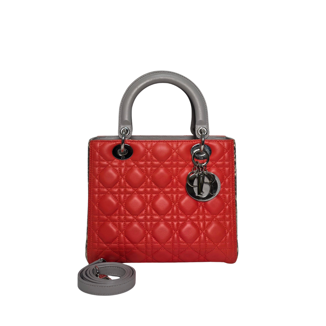 Dior Tri color Leather and Python Medium Lady Dior Tote Bag