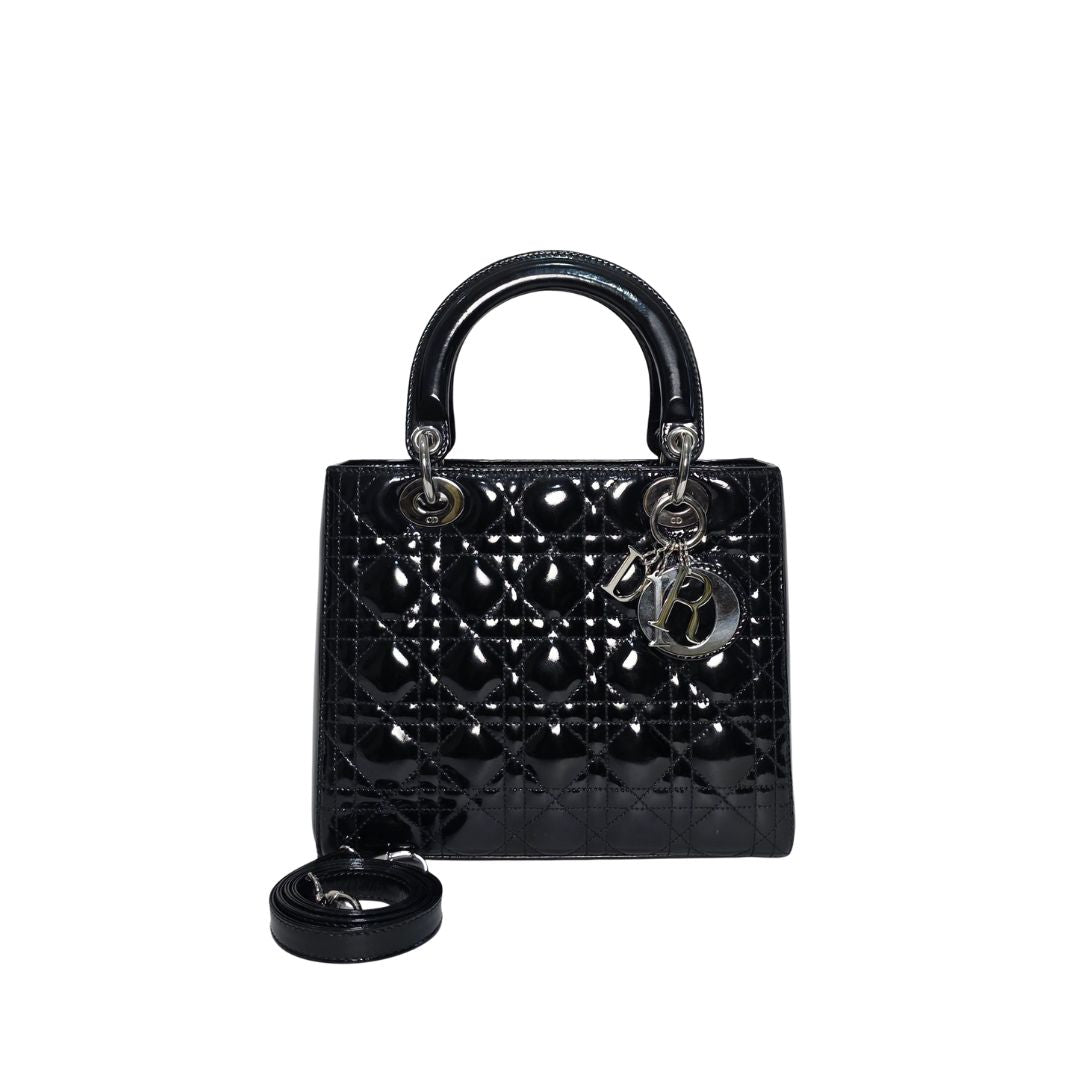 The Dior Black Patent Leather Medium Lady Dior Tote Bag