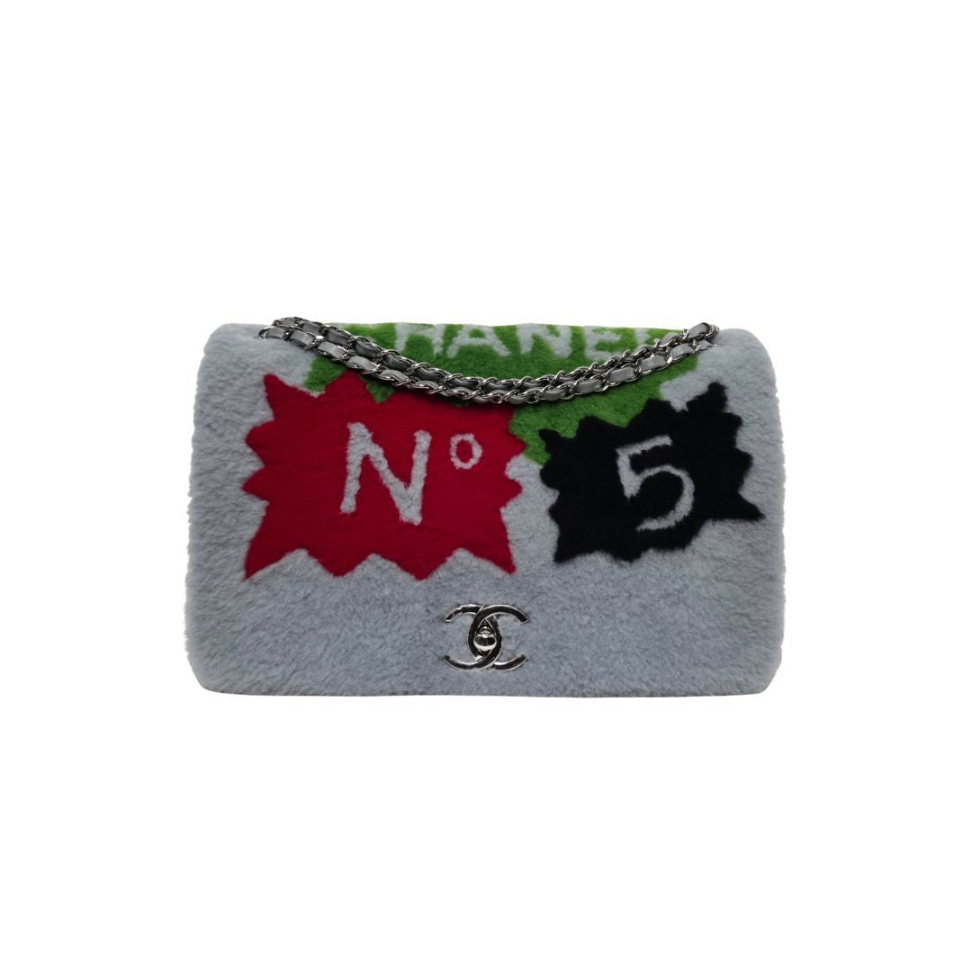 Chanel Maxi Multicolor Fur and Leather No. 5 Comic Shearling Classic Flap Bag