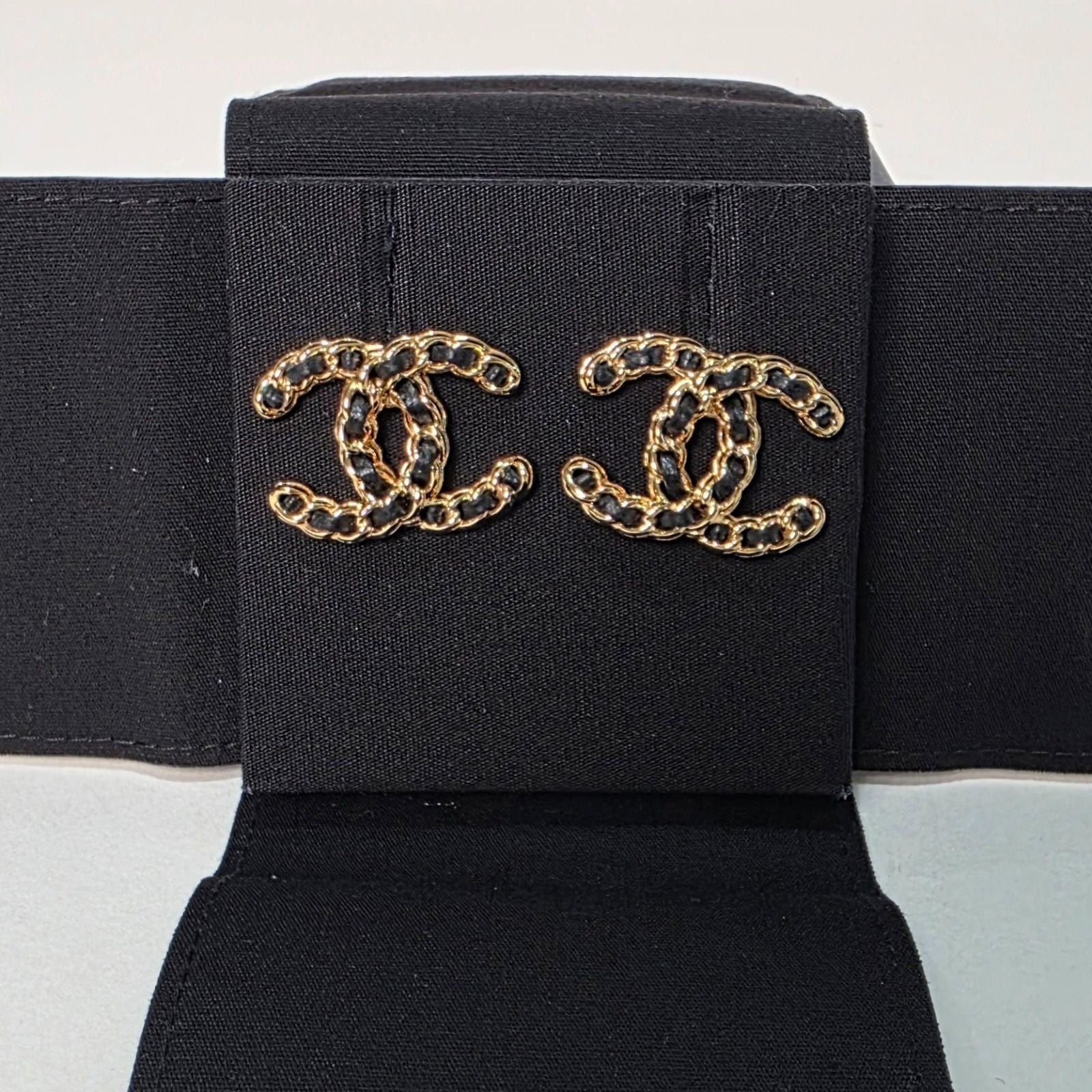 Chanel Black Lambskin Leather Chain Gold CC Logo Earrings