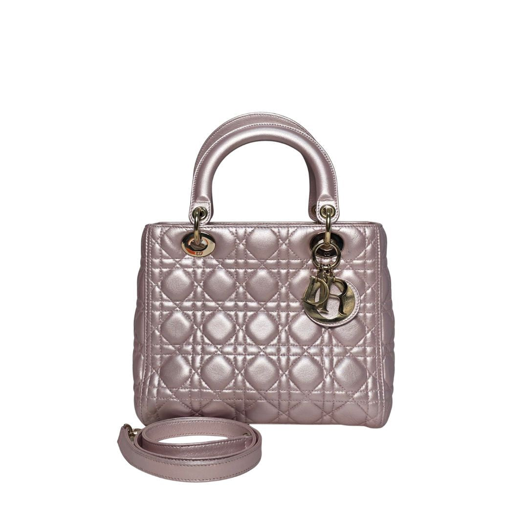 Dior Lady Dior Medium Lambskin Leather Metallic Pink Bag