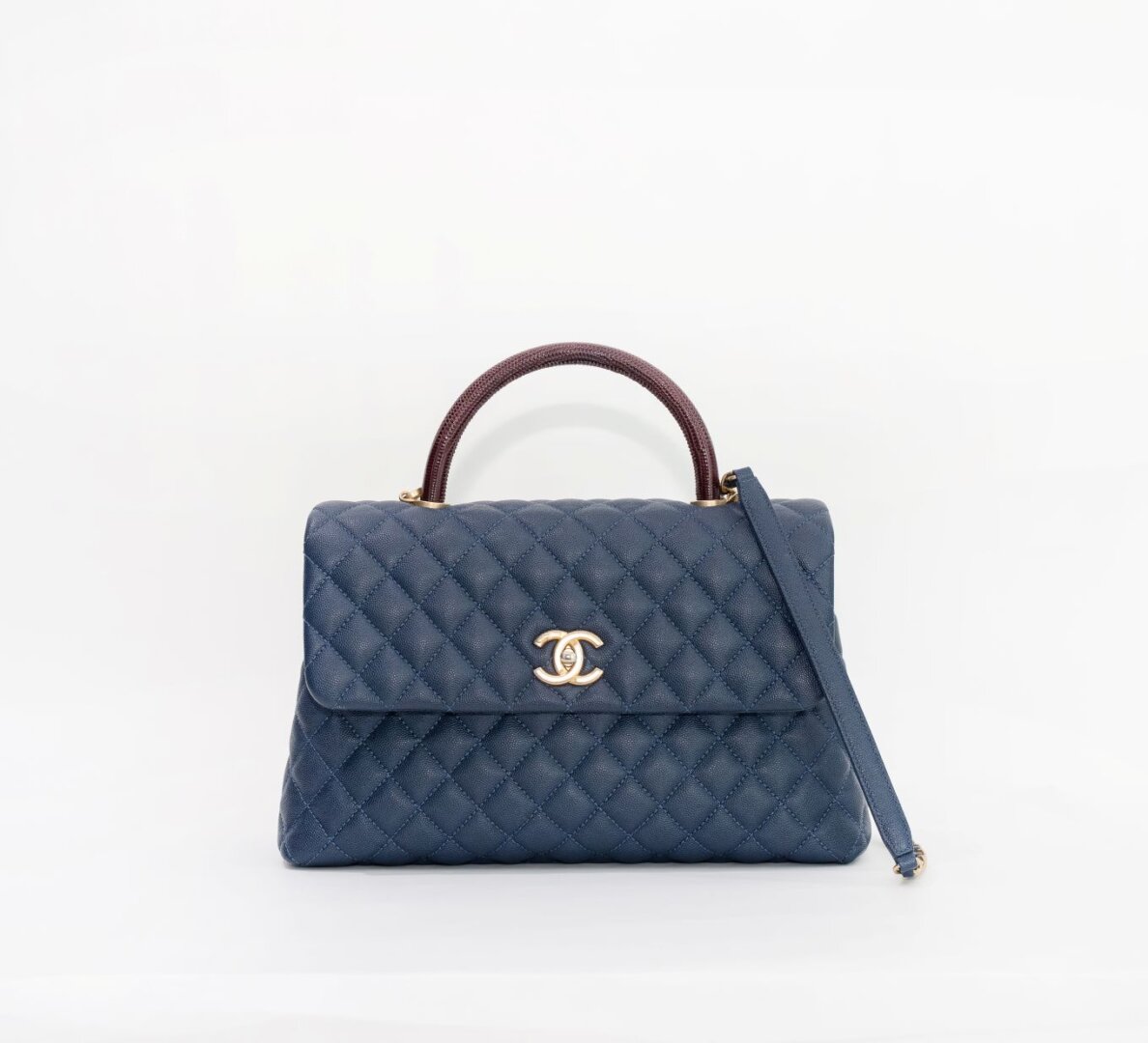 Chanel CC Medium Top Lizard Handle in Navy Caviar Leather