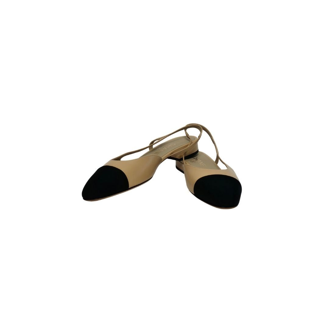 Chanel Flat Slingback Beige Goatskin and Black Grosgrain