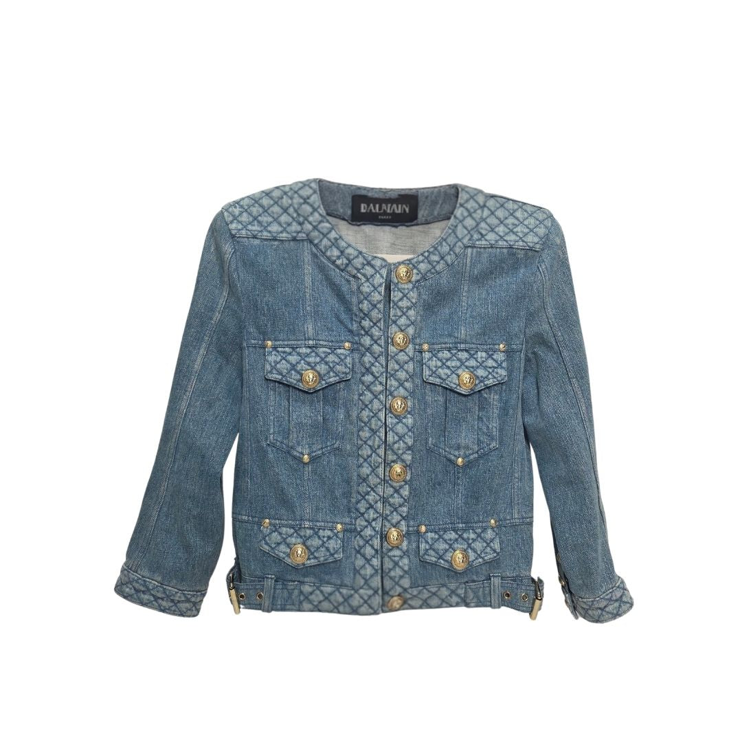 Balmain Iconic Blue Denim Quilted Gold Button Jacket