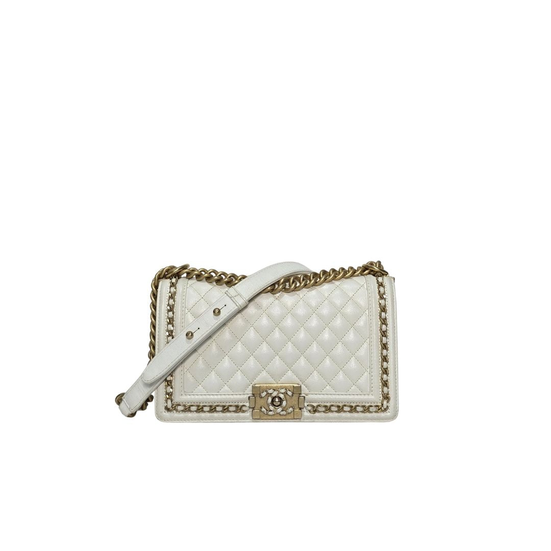 Chanel Boy White Caviar Leather Flap Bag