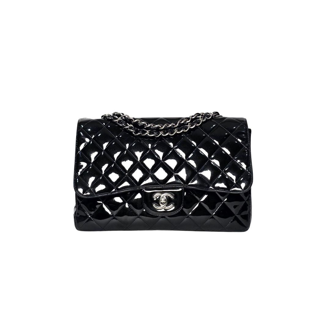 Chanel Timeless Jumbo Black Single Patent Flap Leather Bag