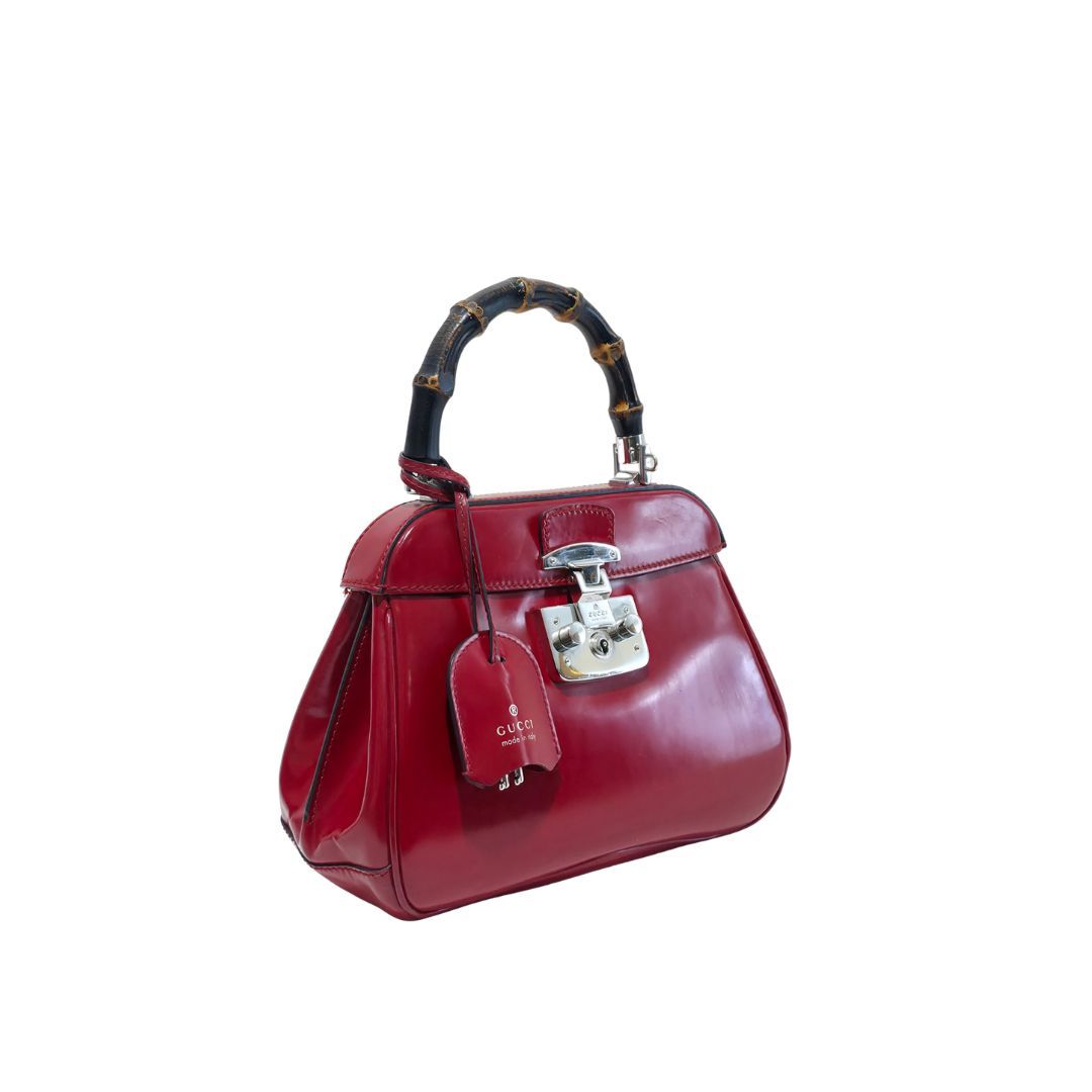 Gucci Lady Lock Bamboo Top Red Patent Leather Handle Bag
