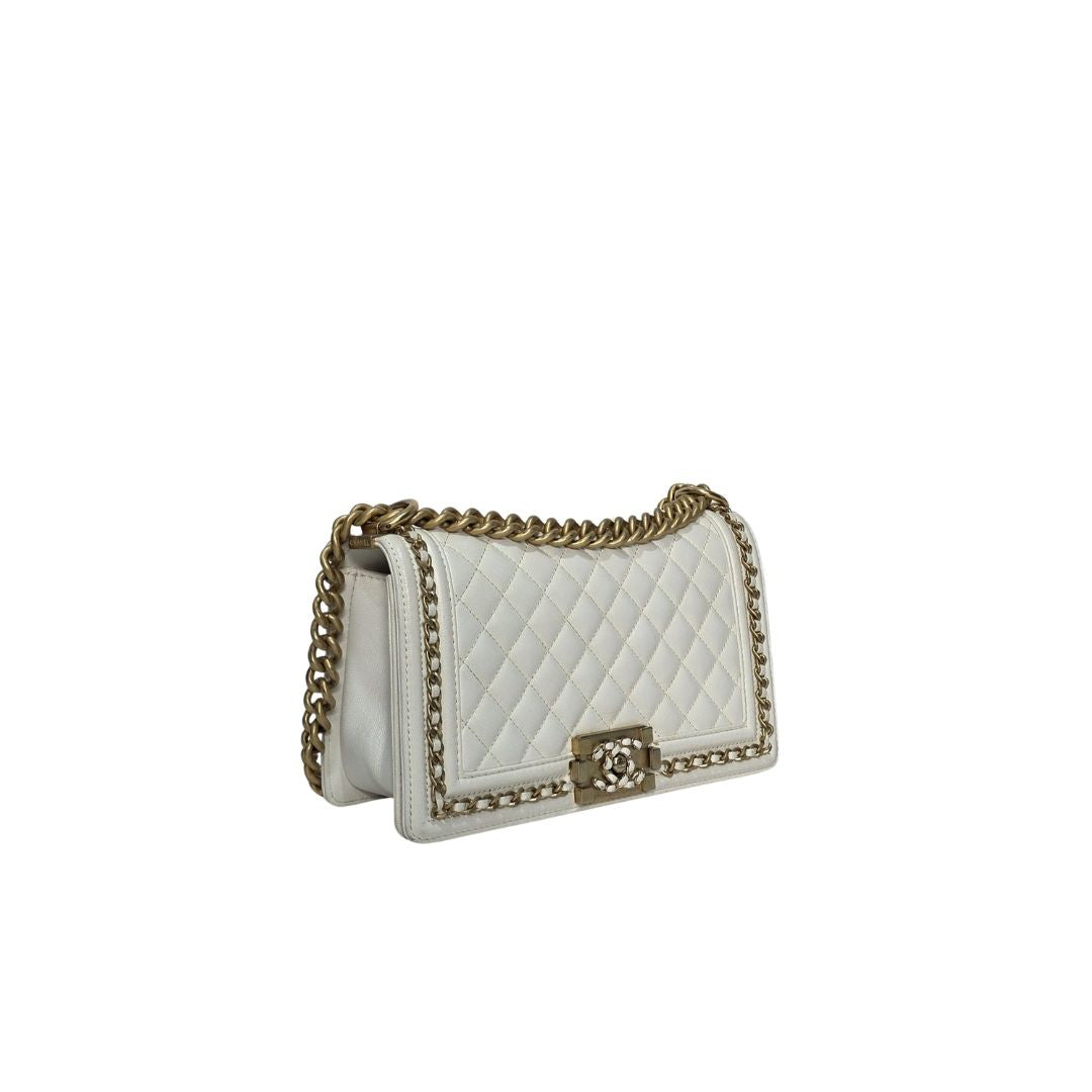 Chanel Boy White Caviar Leather Flap Bag