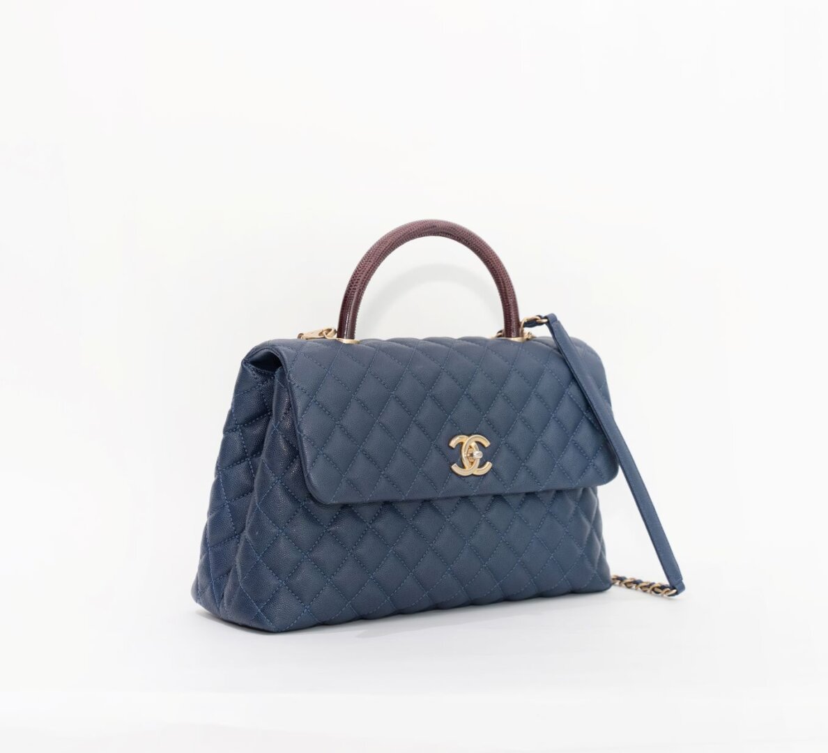 Chanel CC Medium Top Lizard Handle in Navy Caviar Leather