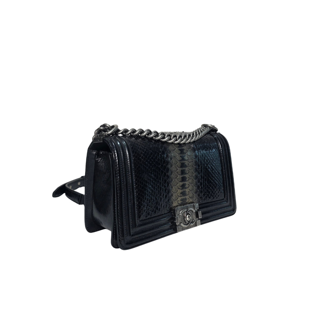 Chanel Boy Black Medium Ombre Python and Patent Leather Bag