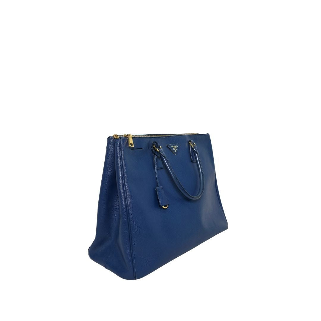 Prada Galleria Double Zip Executive Navy Blue Leather Tote