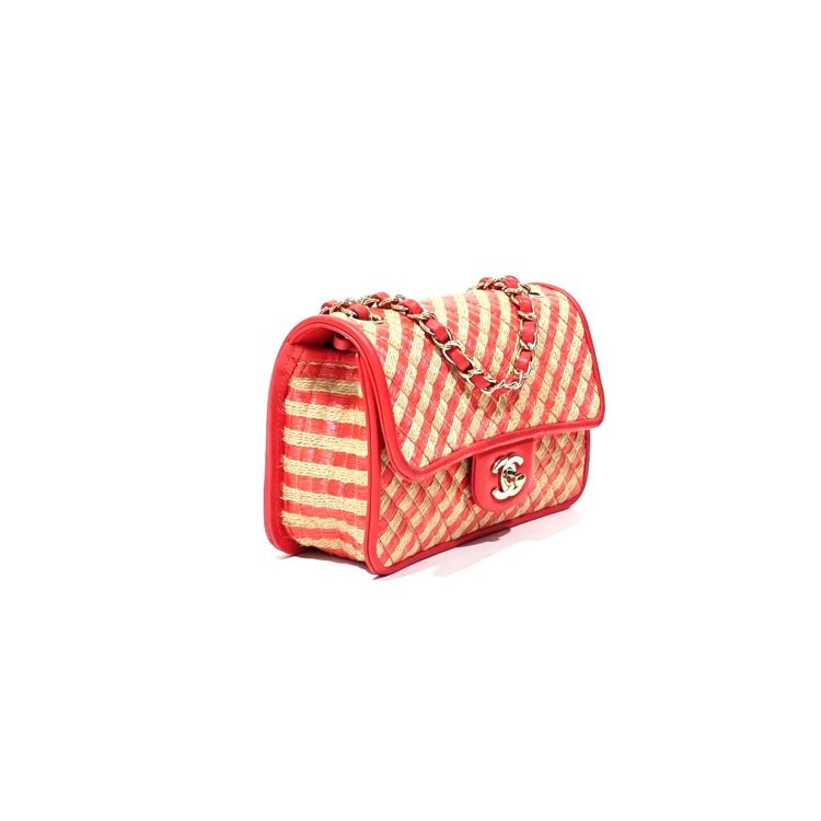 Chanel Classic Flap Red/Beige Raffia Bag