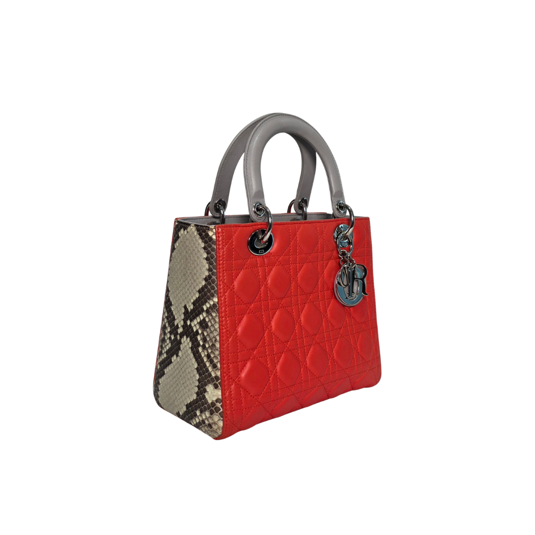 Dior Tri color Leather and Python Medium Lady Dior Tote Bag