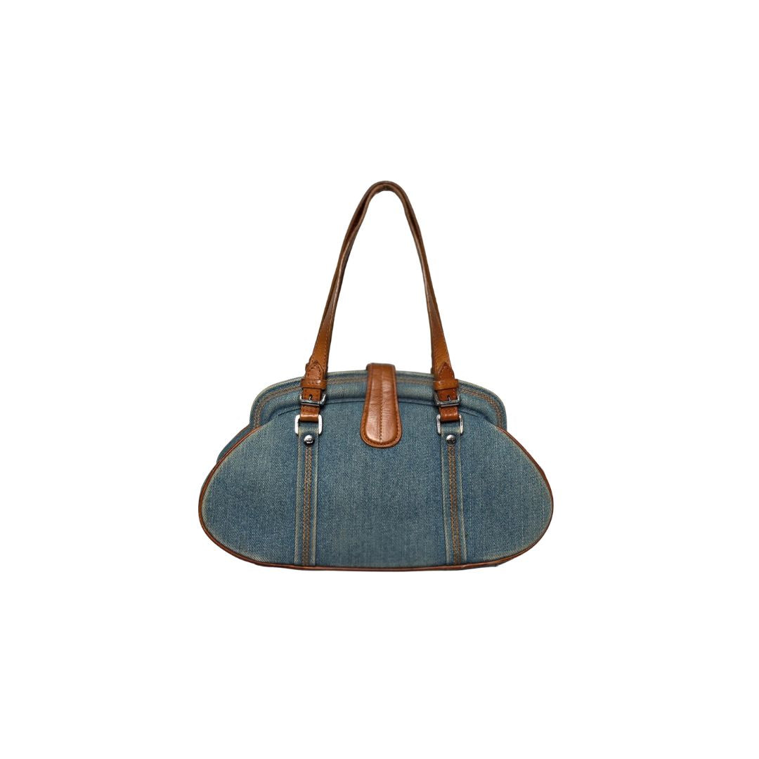 Dior Blue Denim Floral Frame Satchel Flap Bag