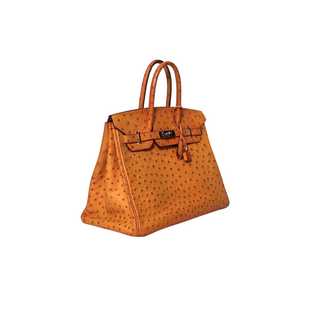 Hermes Birkin 35 Cognac Exotic Ostrich Leather Bag