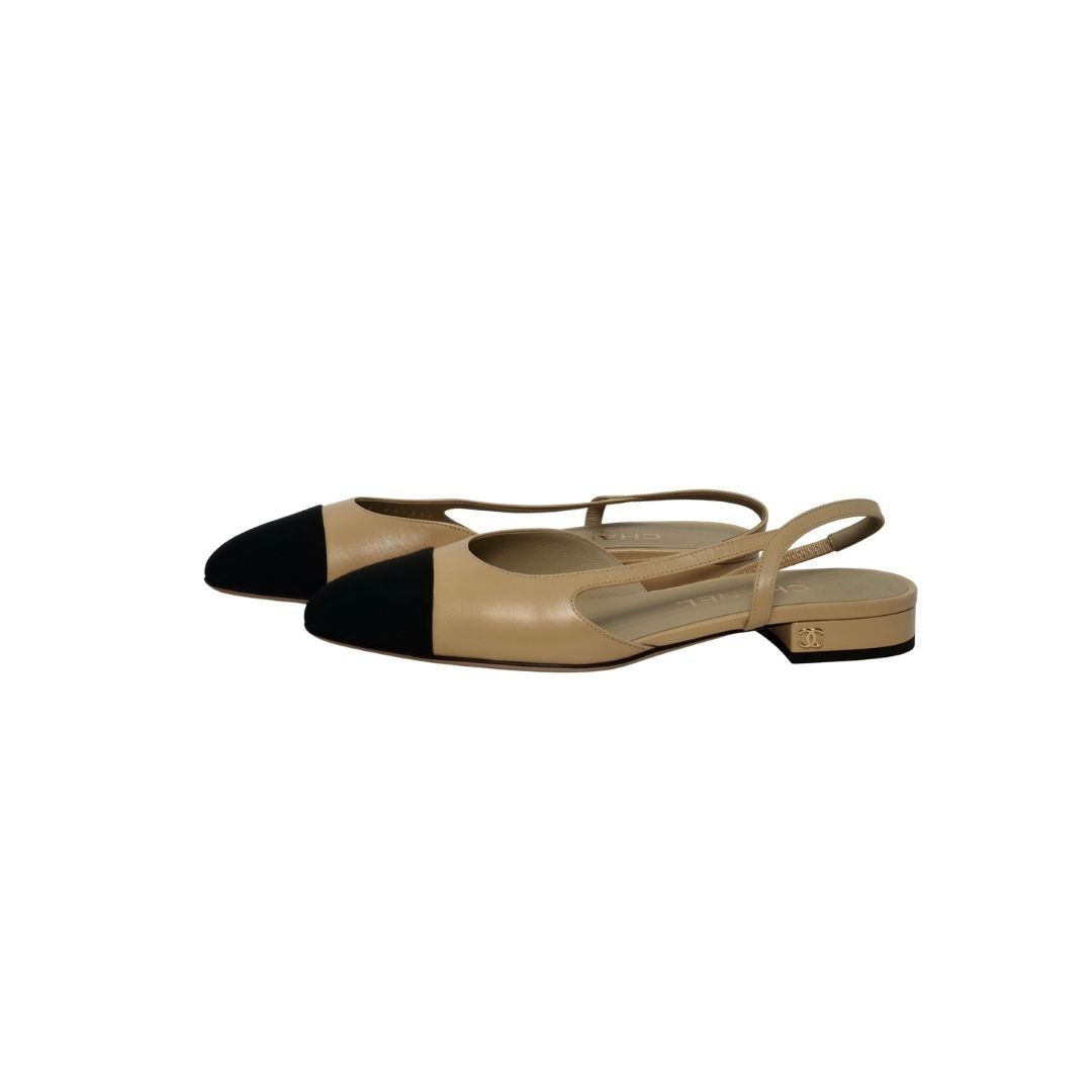 Chanel Flat Slingback Beige Goatskin and Black Grosgrain