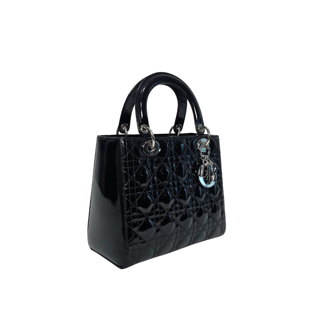 The Dior Black Patent Leather Medium Lady Dior Tote Bag
