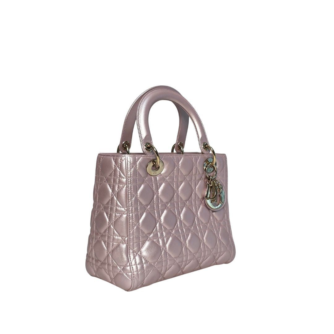 Dior Lady Dior Medium Lambskin Leather Metallic Pink Bag