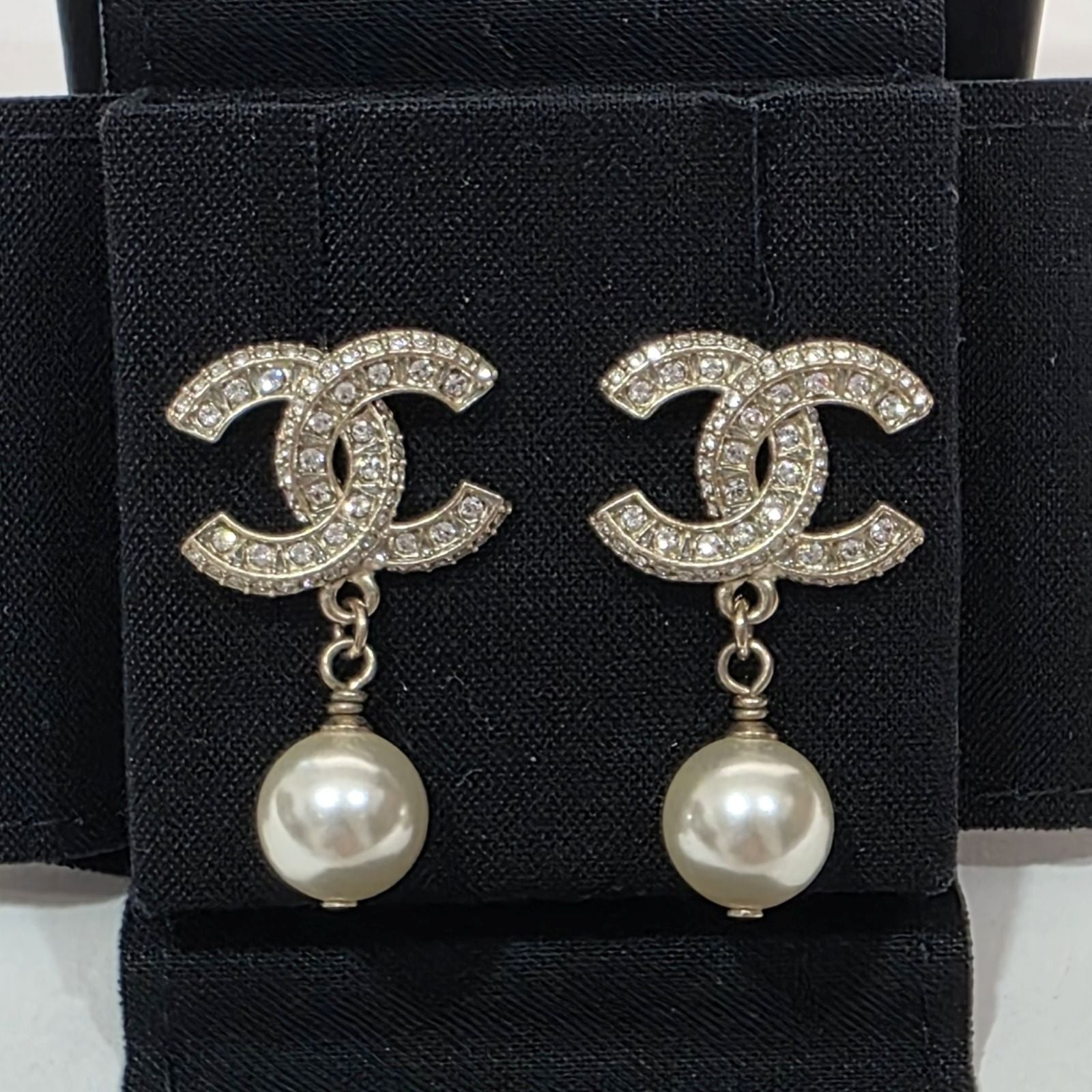 Chanel White CC Crystal Pearl Drop Earrings