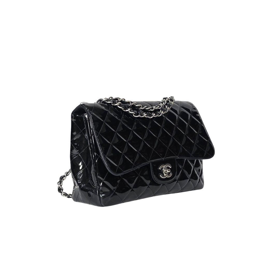 Chanel Timeless Jumbo Black Single Patent Flap Leather Bag