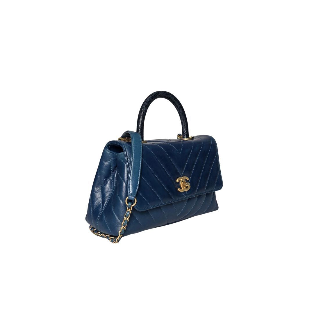 Chanel Coco Handle Calfskin Lizard Handle Flap Blue Bag