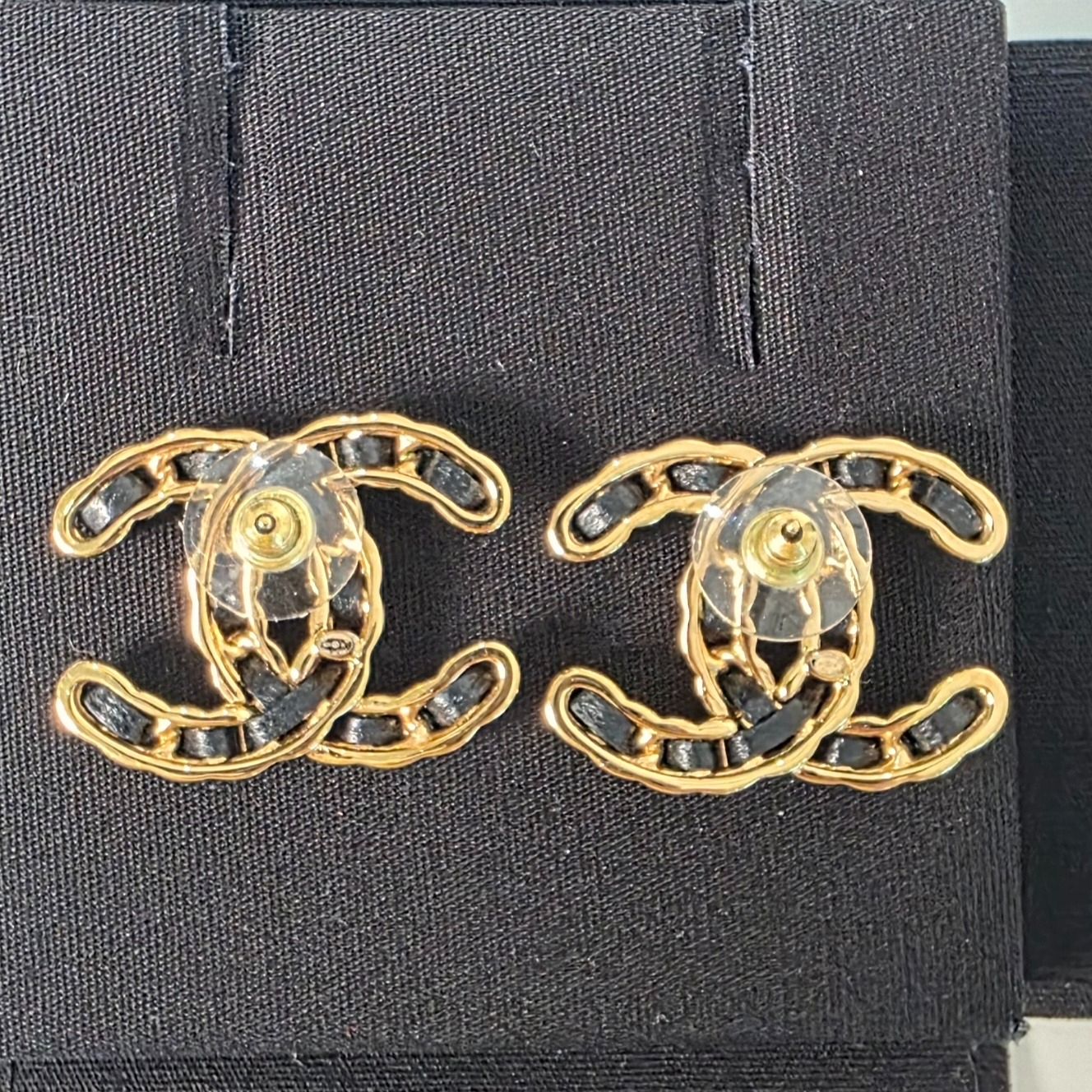 Chanel Black Lambskin Leather Chain Gold CC Logo Earrings
