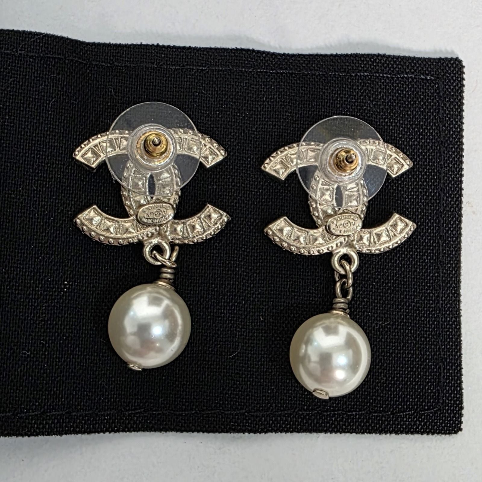 Chanel White CC Crystal Pearl Drop Earrings