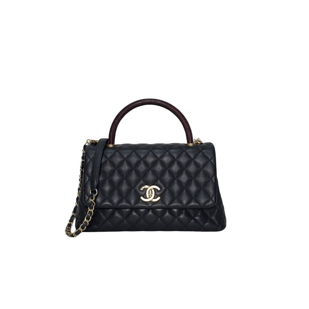 Chanel CC Top Lizard Handle Black Caviar Leather Bag