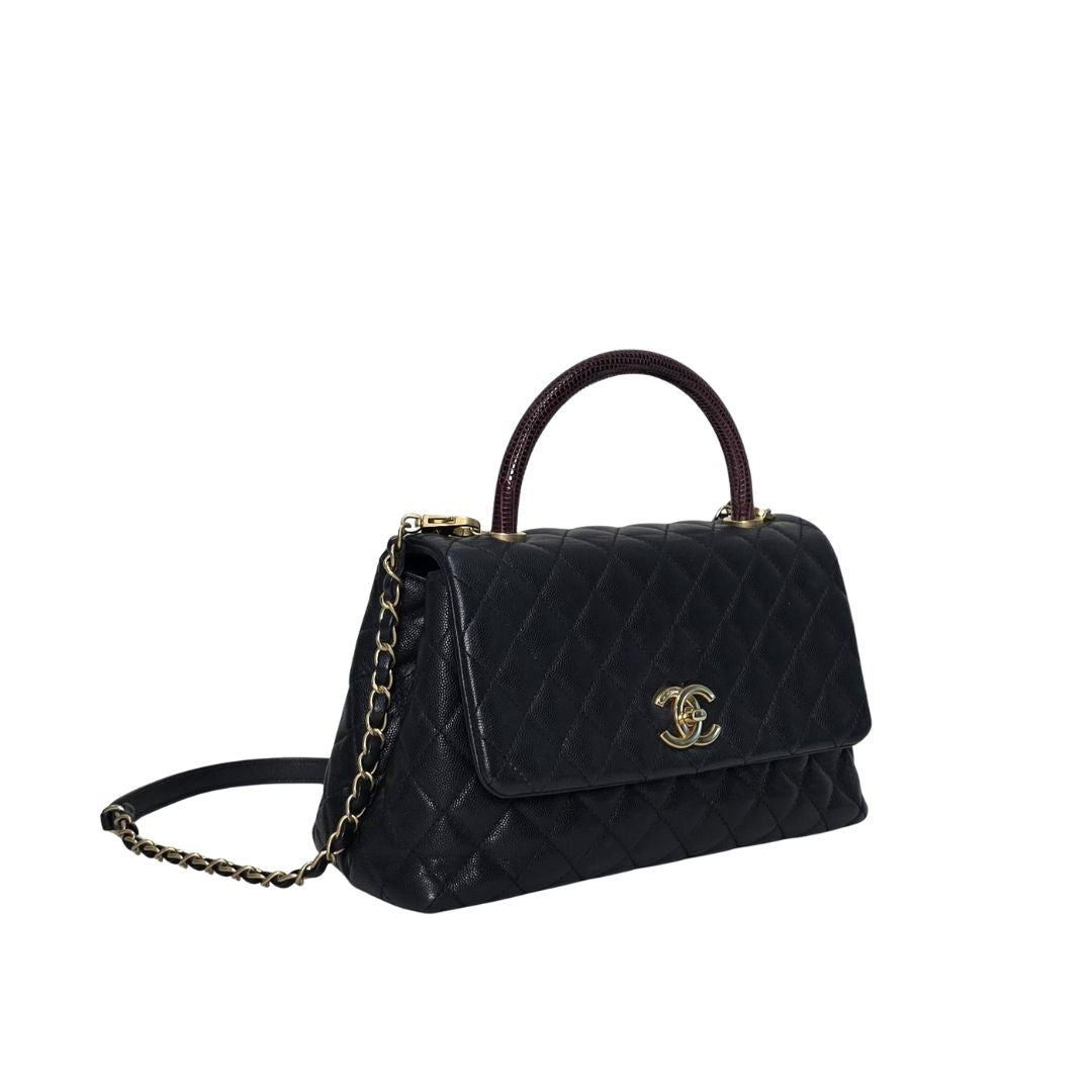 Chanel CC Top Lizard Handle Black Caviar Leather Bag