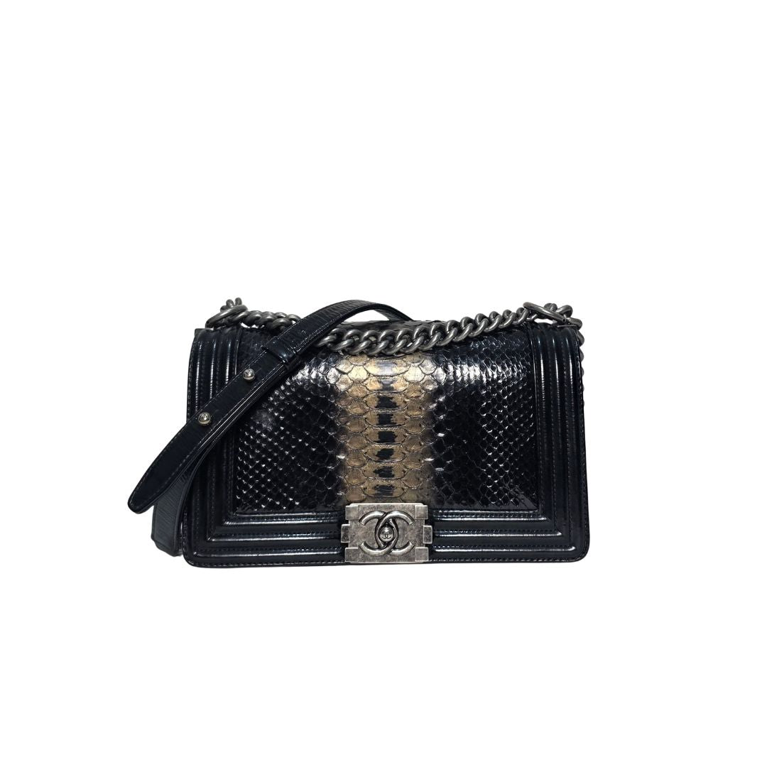 Chanel Boy Black Medium Ombre Python and Patent Leather Bag