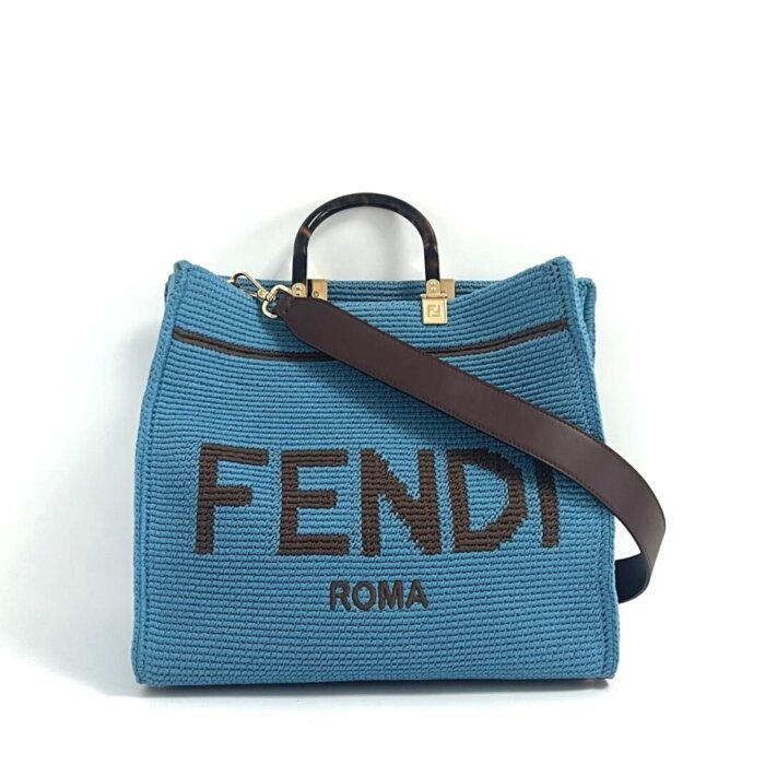 Fendi Blue/Brown Cotton Crochet Sunshine Tote Fendi