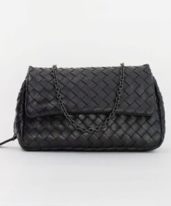 Bottega Veneta Intrecciato Nappa Expandable Chain Crossbody Small Black Leather Bag