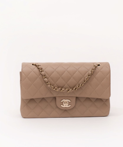 Chanel Classic Medium Double Flap Caviar Beige Leather Bag